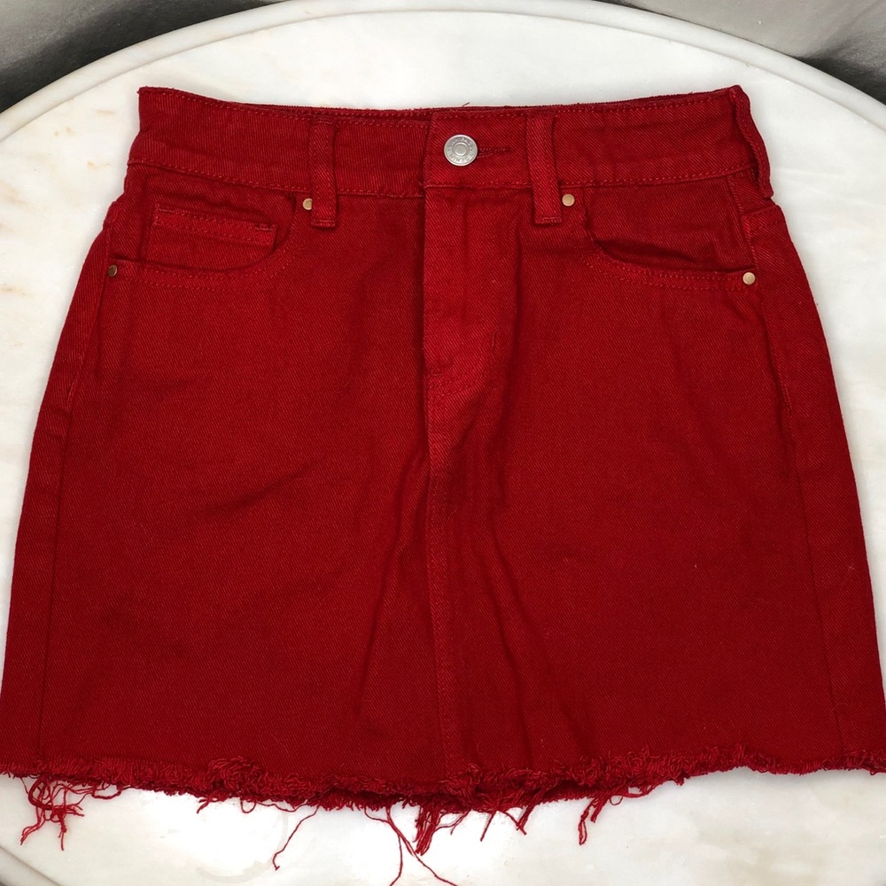 PACSUN Red Distressed Denim Skirt
